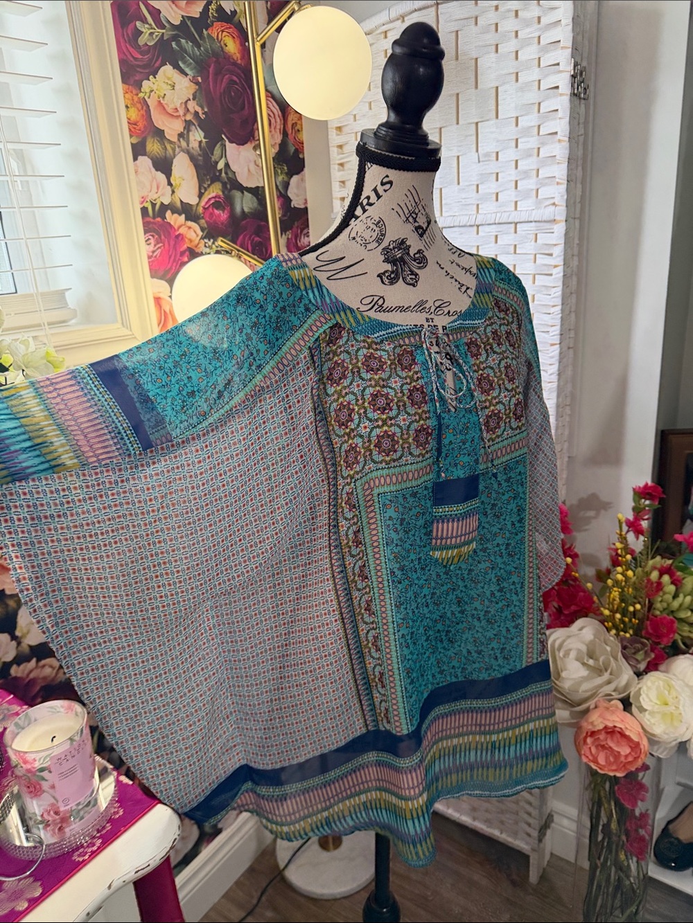 Turquoise Multi-Print Boho Tunic with Tassel Tie